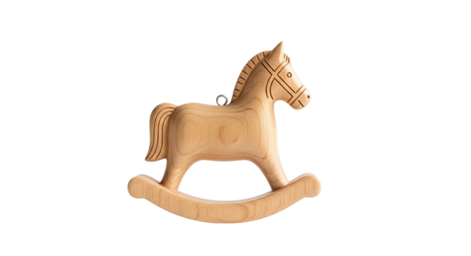 A beautifully handcrafted wooden rocking horse ornament with detailed carvings and a natural wood grain texture, captured in a classic side profile view