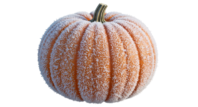 A whole ripe orange pumpkin with a prominent stem is completely covered in a thick, textured layer of white hoarfrost, symbolizing the first freeze of the late autumn season