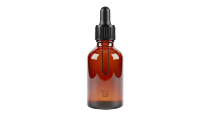 A sleek amber glass dropper bottle with a black ribbed cap and rubber bulb stands upright, showcasing its clean design and reflective surface in a professional studio shot