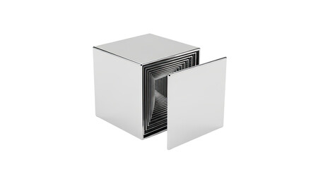 A minimalist chrome cube with its door open, revealing an infinite tunnel of nested reflective squares creating a mesmerizing optical illusion of depth and perspective