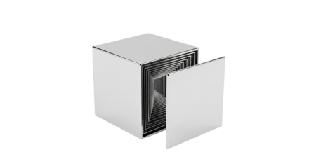 A minimalist chrome cube with its door open, revealing an infinite tunnel of nested reflective squares creating a mesmerizing optical illusion of depth and perspective