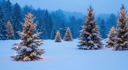 Snow-covered evergreen trees with glowing Christmas lights in a serene winter forest at dusk.