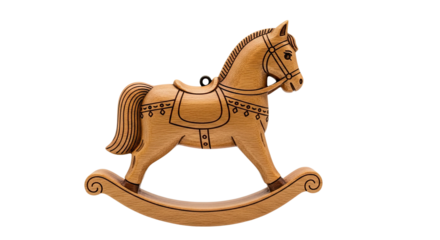 A beautifully carved wooden rocking horse toy with intricate pyrography details, featuring a saddle and bridle, shown in a classic side profile view
