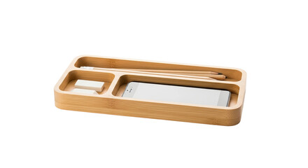 High angle view of a natural bamboo desk caddy with compartments for a smartphone, wooden pencils, and erasers, representing a concept of modern organization and tidiness