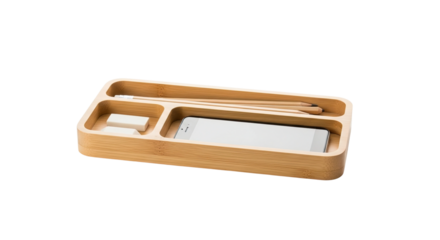 High angle view of a natural bamboo desk caddy with compartments for a smartphone, wooden pencils, and erasers, representing a concept of modern organization and tidiness