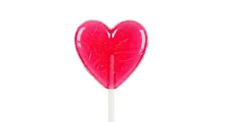 A glossy pink heart-shaped lollipop on a white stick, showing the translucent texture of the sweet candy treat, a romantic symbol of love and affection for celebrations