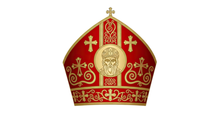 An ornate red and gold Orthodox mitre, a ceremonial headdress for a bishop, featuring intricate golden embroidery, religious crosses, and a central icon of a holy figure