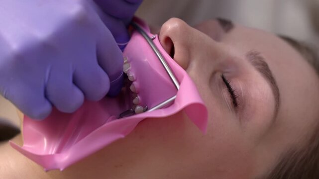 Rubber dam placement during dental treatment. Dentist prepares patient for cavity restoration using isolation sheet. Professional oral care and stomatology procedure close-up.