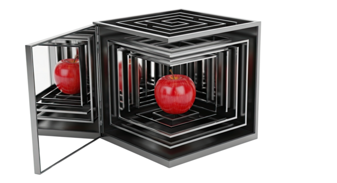 A conceptual image of a single red apple positioned inside a complex metallic labyrinth box with mirrored walls, creating an endless reflection symbolizing complexity and challenges
