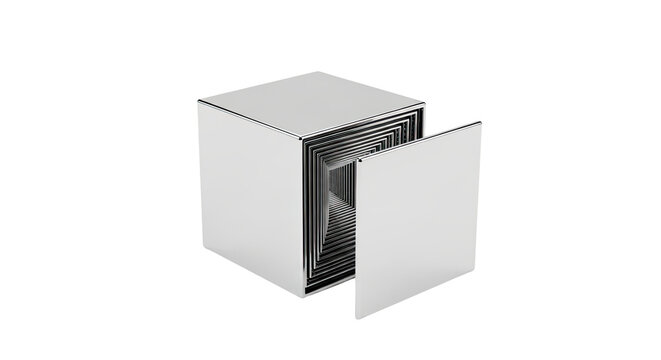 A minimalist chrome cube with its door open, revealing an infinite tunnel of nested reflective squares creating a mesmerizing optical illusion of depth and perspective