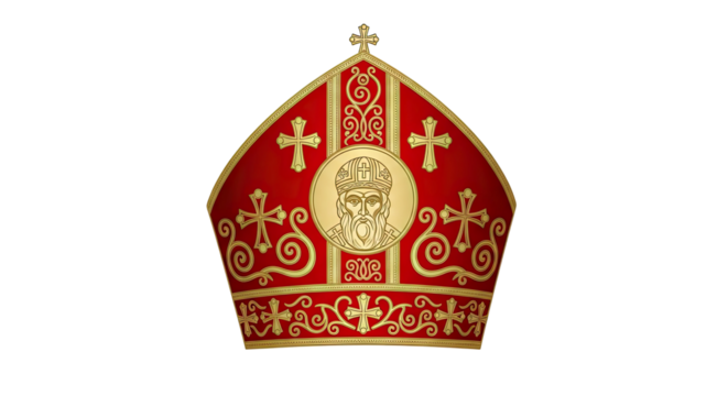 An ornate red and gold Orthodox mitre, a ceremonial headdress for a bishop, featuring intricate golden embroidery, religious crosses, and a central icon of a holy figure
