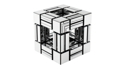 A complex geometric cube composed of reflective chrome blocks with an intricate internal framework, creating a futuristic and abstract high-tech monochrome visual