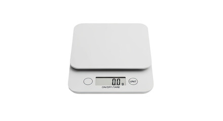 A modern white digital kitchen scale with an LCD screen showing zero grams, ready for precise food measurement for cooking, baking, or following a diet, seen from above