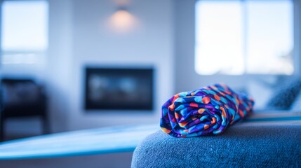 rashguard. A colorful rolled-up rashguard resting on a surfboard at the beach. event key visuals, club posters, designed for fitness apps and gym onboarding, drives event promotion.
