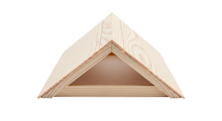 A simple wooden model of a gabled roof made from light-colored pine planks, showcasing a clean triangular A-frame shape and basic construction joinery from a frontal perspective