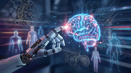 Robot hand touching a digital brain interface, exploring future intelligence and robotics evolution, connecting human potential with artificial intelligence, innovation in science and technology.