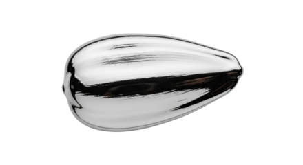 A futuristic, amorphous drop of liquid metal with a highly reflective chrome surface, showing distorted light and shadow patterns in a sleek, minimalist composition