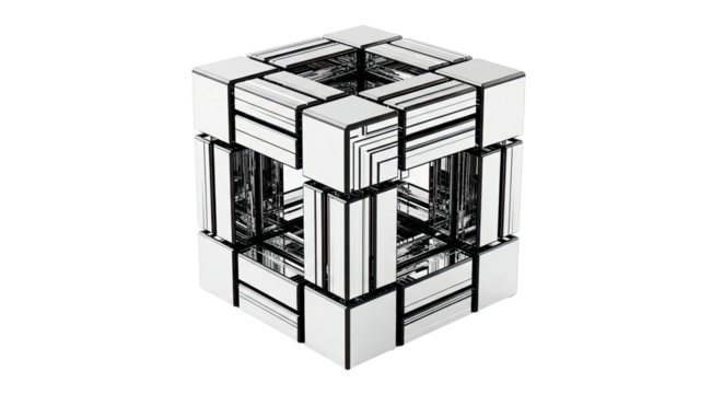 A complex geometric cube composed of reflective chrome blocks with an intricate internal framework, creating a futuristic and abstract high-tech monochrome visual
