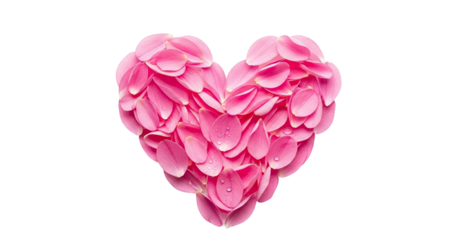 A beautiful heart shape made from delicate pink flower petals covered in fresh morning dew drops, symbolizing love, tenderness, and romance for Valentine's Day - Powered by Adobe