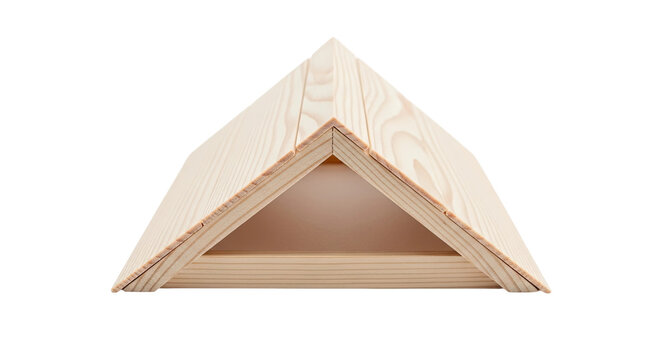 A simple wooden model of a gabled roof made from light-colored pine planks, showcasing a clean triangular A-frame shape and basic construction joinery from a frontal perspective