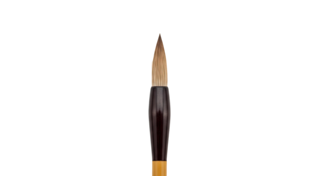 Elegant studio detail of a traditional Asian calligraphy brush featuring a fine pointed tip with natural hair bristles and a polished dark wood and bamboo handle