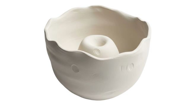 A sculptural off-white ceramic vessel with a matte texture and an abstract, organic form, featuring an irregular rim and a unique interior element under dramatic lighting