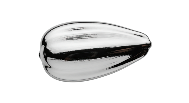 A futuristic, amorphous drop of liquid metal with a highly reflective chrome surface, showing distorted light and shadow patterns in a sleek, minimalist composition