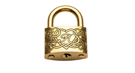 An elegant close-up of an ornate golden padlock featuring intricate engravings of intertwined monograms and heart shapes, symbolizing love and commitment