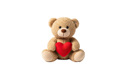 A charming brown teddy bear with soft, fluffy fur sits holding a vibrant red heart, a sweet and romantic symbol of love and affection for a special celebration