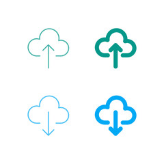 Flat Colored Cloud Upload and Cloud Download Icon Set in Outline and Solid Style for Data Transfer and Online Storage