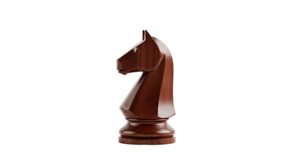 A beautifully carved dark wood knight chess piece with a polished finish, captured in dramatic studio light that emphasizes its elegant and traditional shape