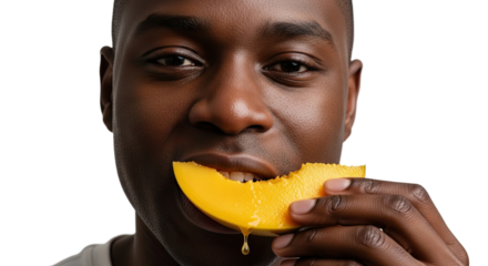 A handsome young African man enjoys a juicy slice of ripe mango, with a drop of juice dripping from the fresh tropical fruit as he takes a bite in a close-up studio portrait