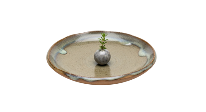 A minimalist composition of a handmade ceramic plate with a small spherical vase holding a single green sprig, showcasing wabi-sabi aesthetics and serene simplicity