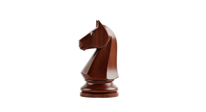 A beautifully carved dark wood knight chess piece with a polished finish, captured in dramatic studio light that emphasizes its elegant and traditional shape