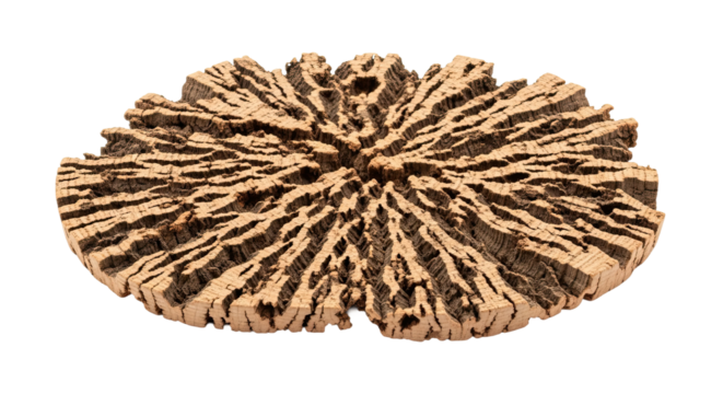 A circular cross-section of natural cork reveals an intricate and highly detailed relief pattern with deep grooves and rugged textures radiating from the center