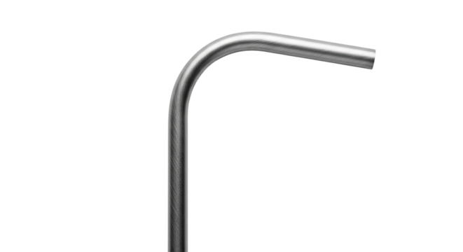 A minimalist close-up of a curved metal tube with a brushed stainless steel finish, showcasing the industrial material's texture and smooth, elegant lines