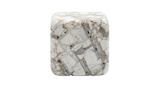 A polished cube of natural breccia stone with a complex marbled pattern of white and grey fragments, showcasing its intricate geological texture and unique veined surface