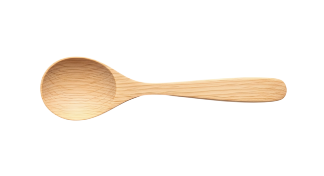Rustic and traditional wooden ladle with a deep bowl and smooth handle, showcasing the natural texture and beautiful grain of the carved wood in a flat lay view