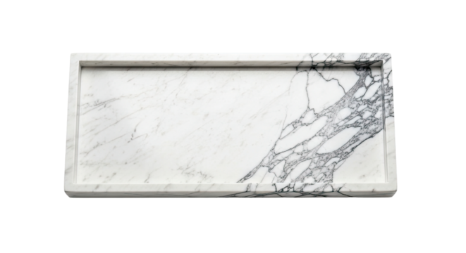 An elegant rectangular tray crafted from solid white marble featuring a dramatic and intricate pattern of dark grey veining, presented in a clean and minimalist aesthetic