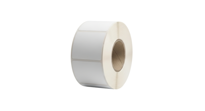 A neat roll of blank white adhesive labels with slightly rounded corners is presented in a clean, bright studio shot, ready for printing or marking