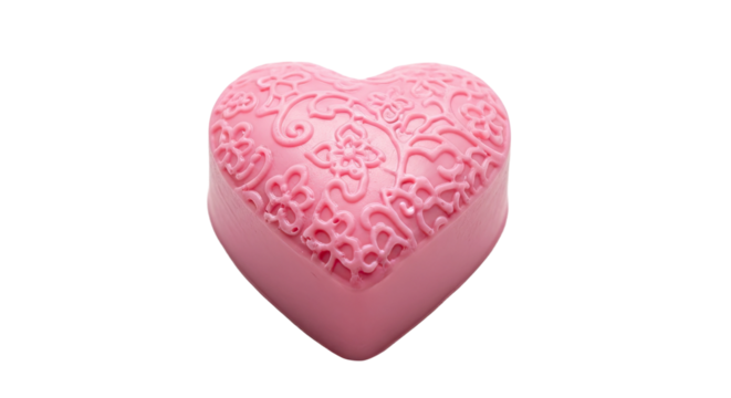 A single pink heart-shaped decorative item with a beautifully detailed and intricate embossed floral and filigree pattern is presented from a slightly elevated perspective
