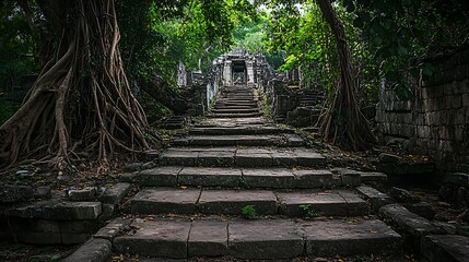 ancient stone staircase winds through dense jungle, framed by massive tree roots, leading to historic temple ruins