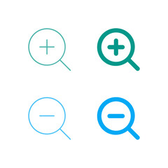 Flat Colored Zoom In and Zoom Out Icon Set in Outline and Solid Style for View Control and Scale Adjustment