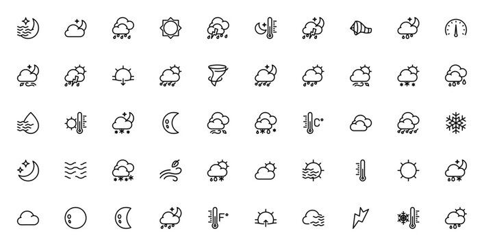 Weather icon set. Minimal vector icons pack. Include symbols for sun, rain, snw, storm, wind, temperatur, fog, cloud, moon, lightnng and more. Editable stroe.
