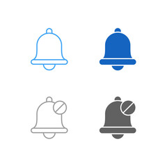 Flat Colored Notification Bell and Bell Off Icon Set in Outline and Solid Style for Alert and Sound Status Control