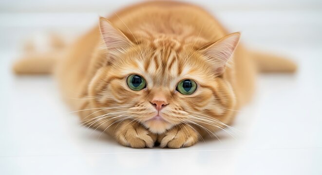 Orange tabby cat with bright green eyes rests on a white surface.
