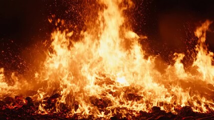 A dynamic scene of a fiery volcanic eruption showcasing intense flames, glowing lava, and volcanic ash creating a dramatic natural event