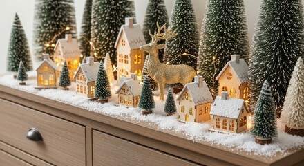 Miniature christmas village with lighted houses, trees, and deer