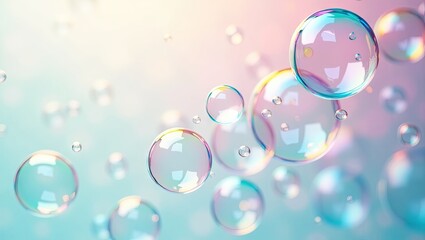 Floating bubbles showcase a vibrant spectrum of colors, reflecting light across the translucent, spherical forms, creating a dreamy atmosphere with an out-of-focus background.