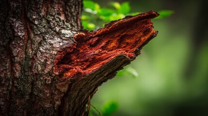 custodianship. Close-up of tree trunk with abnormal swelling and torn bark, textured botanical imperfection. gardening catalogs, home-decor guides, designed for gardening and botanical catalogs.
